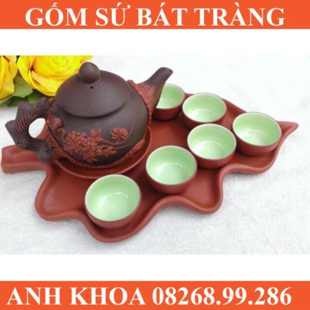 Ấm chén đắp nổi đĩa lá - Gốm sứ Bát Tràng Anh Khoa