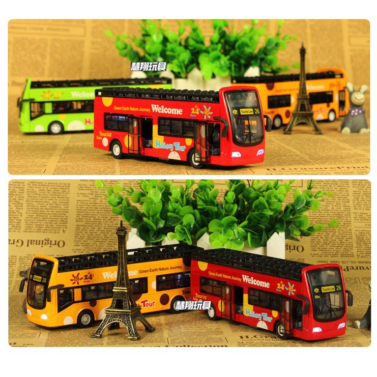 Mô hình ô tô Xe buýt hai tầng Die cast bằng kim loại - Đồ chơi trẻ em xe có âm thanh và đèn chạy bằng cót