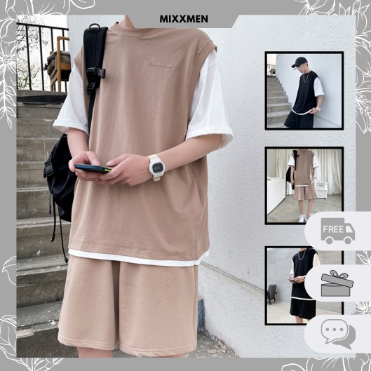 Bộ Đồ Nam Nữ Unisex Mùa Hè Cổ Tròn Tay Lỡ Phối 2 Màu Mix Quần Short Thời Trang MixxMen QA NAM 111