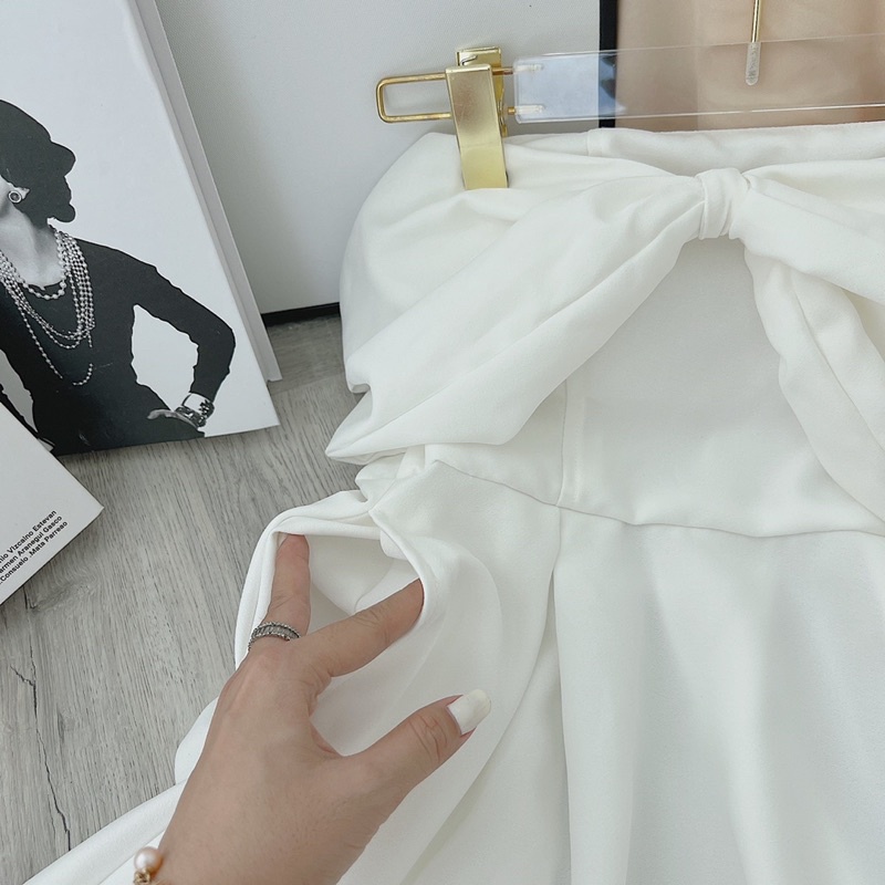 Đầm nữ đầm dự tiệc cổ chữ v bẹt vai nơ ngực chất dày dặn lên dáng chuẩn form mẫu kèm ảnh sàn