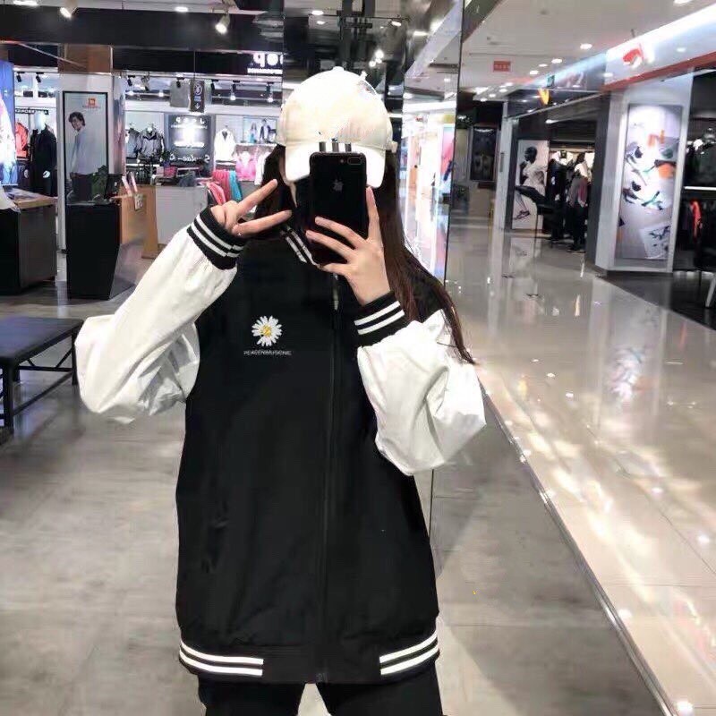 ÁO KHOÁC HOA CÚC PEACEMINUSONE SỌC VIỀN 2 KIỂU - BOMBER JACKET THÊU HOA SỌC RAGLAN TRẮNG ĐEN HOT