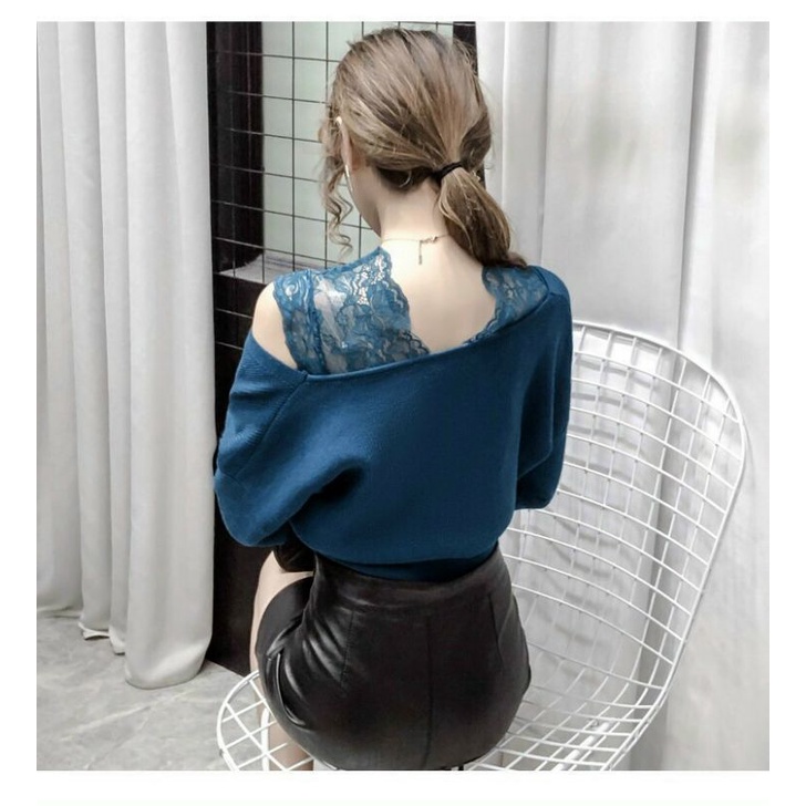 Hàng nhập - Áo len kiểu nữ phối vai ren, áo ấm thu đông cổ V cách điệu