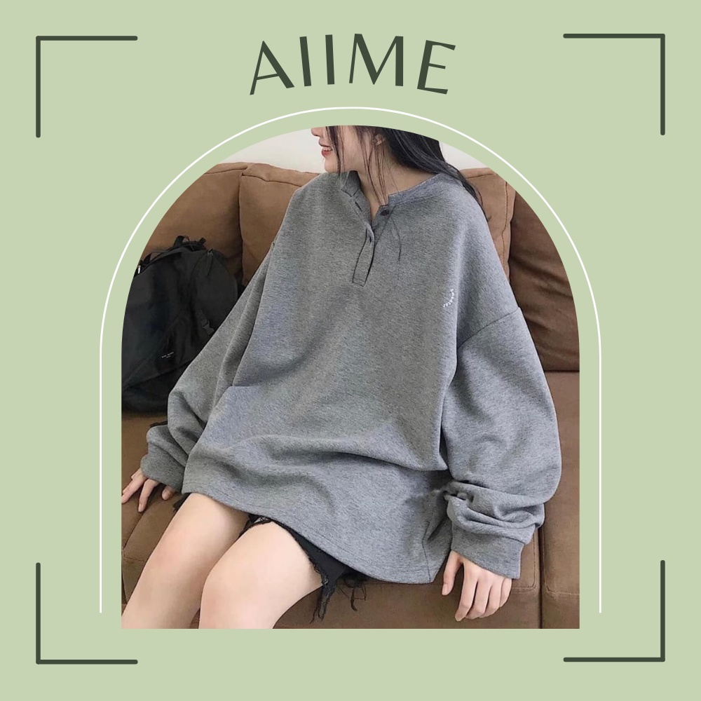 Áo Nỉ Bông Cổ Tàu Sweater Unisex/ Áo Thun Nữ Tay Bồng Dáng Rộng Cúc Cài 2 Màu