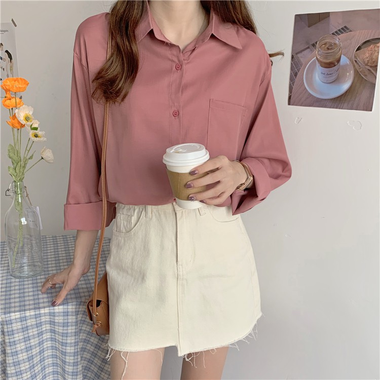 Áo sơ mi nữ tay dài dáng rộng màu trơn kiểu Hàn Quốc