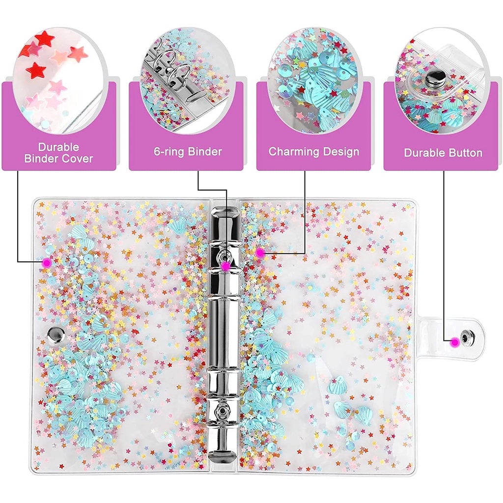 Set bìa sổ còng khổ A6 họa tiết kim tuyến với 12 ngăn đựng+12 giấy ghi chép+túi PVC+thước+2 nhãn dán(Có bán lẻ)