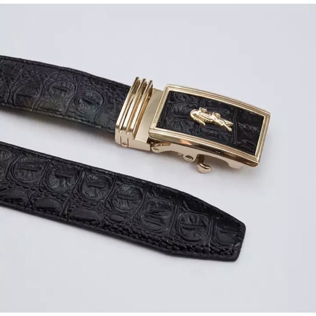 Thắt Lưng Nam Da Bò Thật Vân Cá Sấu Thời Trang Cao Cấp Khóa Tự Động Màu Đen