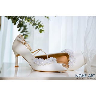 Giày cưới Nghé Art hoa voan ngọc trắng 383
