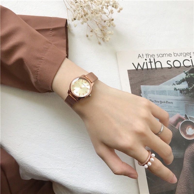 Đồng hồ nữ mặt tròn đẹp rẻ dây kim loại chính hãng chống nước - ST17