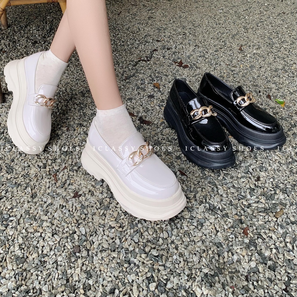 Giày Moca Loafer Ulzzang Vintage, Giày Lười Nữ Da Pu Cao Cấp Họa Tiết Móc Xích Đế Cao 5cm, Hàn Quốc - Iclassy_shoes