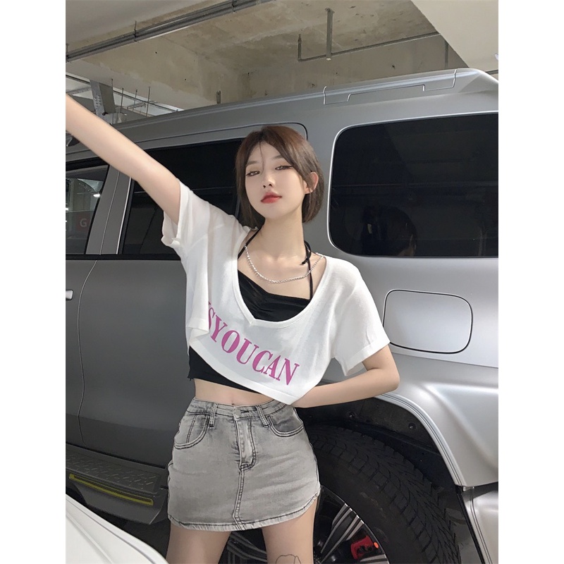 Set Áo Croptop 2 Áo Tay Ngắn RANSHI Dáng Rộng Sexy Phối Dây Xích Đi Chơi Đi Cafe Đi Biển Đẹp Hot - RA053