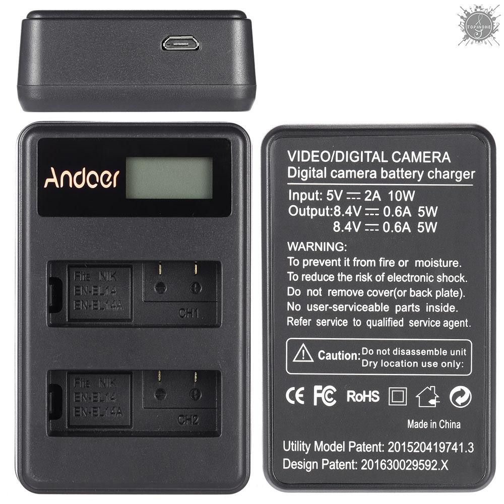 Đế sạc pin Andoer EN-EL14 EN-EL14A thiết kế hai khay với cáp Usb chuyên dụng cho Nikon D3100 D
