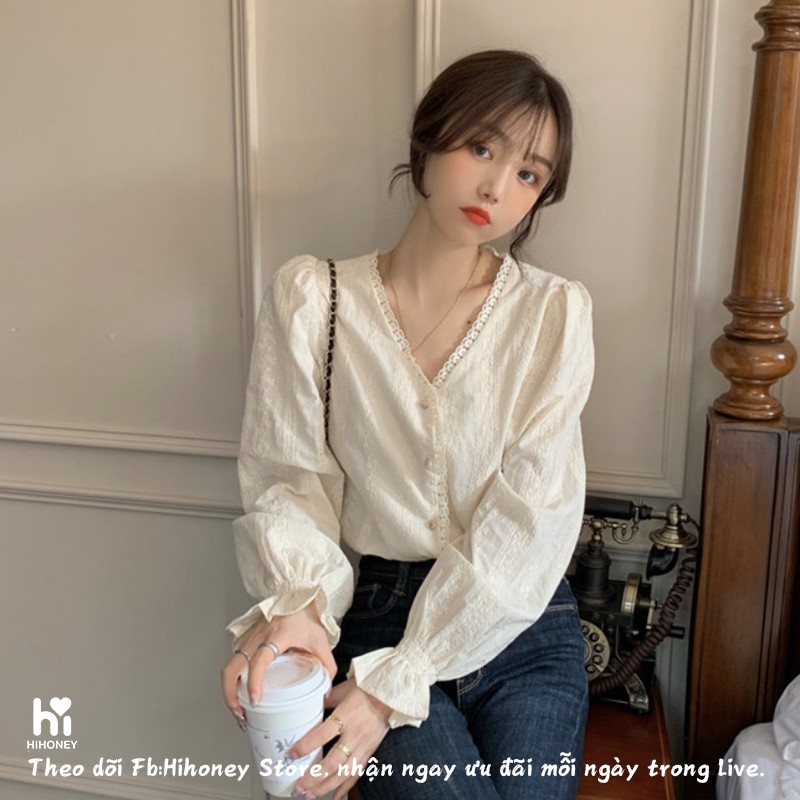 Áo sơ mi cổ V tay chun phong cách quý cô paris ngọt ngào đẳng cấp
