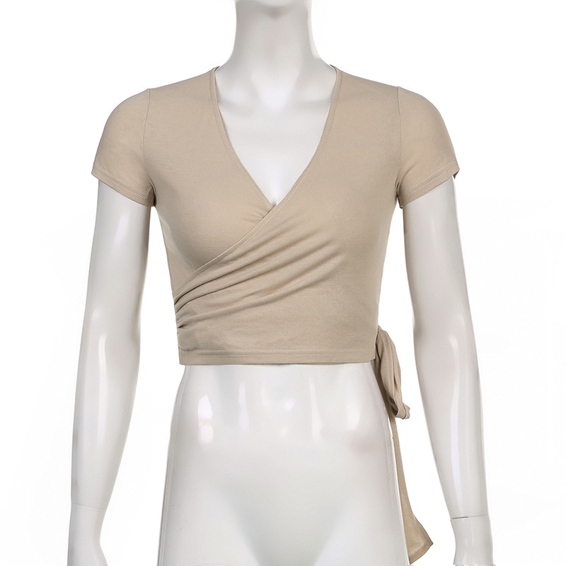 Áo Thun Ngắn Tay Cổ Chữ V Thắt Nơ Màu Trơn Thời Trang Cho Nữ