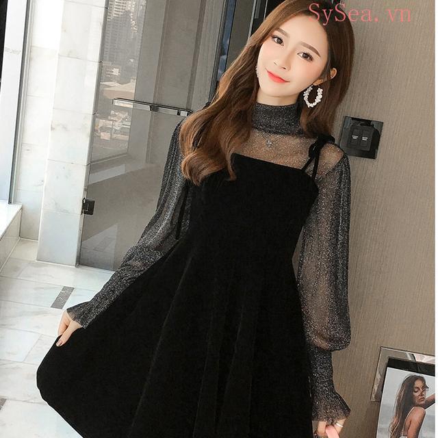 Set đồ 2 mảnh gồm áo sơ mi và đầm hai dây vải nhung có size ngoại cỡ thời trang Hàn Quốc cho nữ