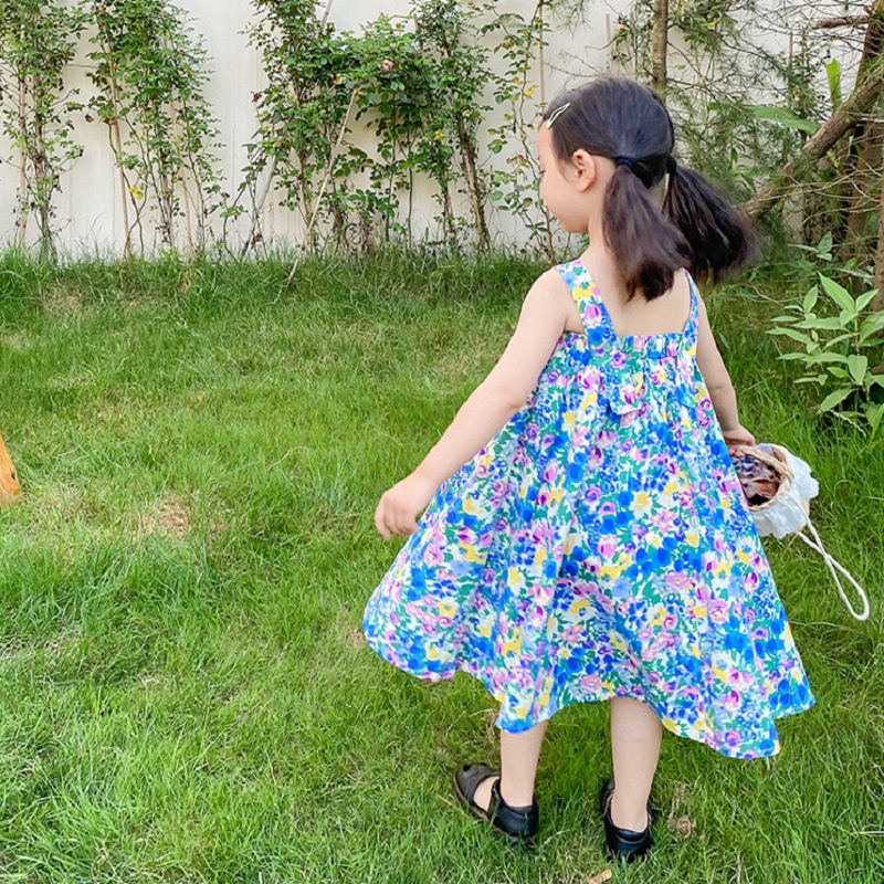 Đầm Hai Dây Mùa Hè Có Dây Đeo Vai In Họa Tiết Hoa Dễ Thương Có Thể Điều Chỉnh Cho Bé Gái