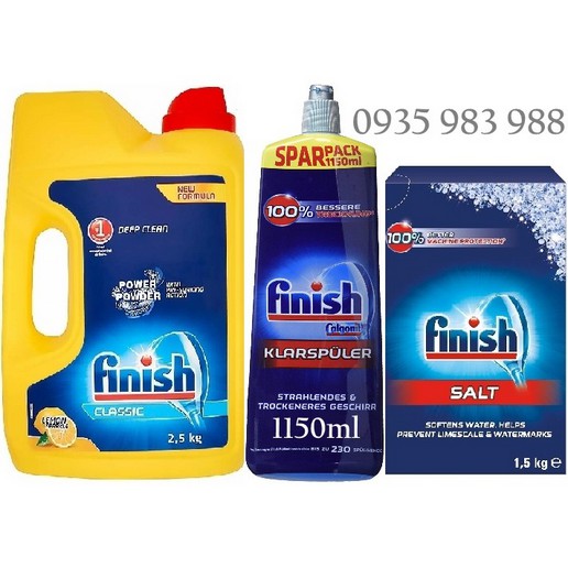 Bột rửa chén Finish 2.5kg+Muối Finish 1.5kg+750ml Nước bóng Finish dùng cho Máy rửa chén (NK Đức )