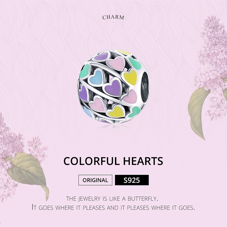 Hạt Trang Sức Bamoer SCC1758 Bằng Bạc S925 Hình Cầu Họa Tiết Nhiều Trái Tim Màu Sắc Cầu Vồng Dùng Làm Vòng Đeo Tay DIY