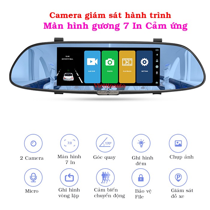 Camera giám sát hành trình Tích hợp Camera lùi gắn gương chiếu hậu Màn hình 7 In cảm ứng C700 Tiếng Việt