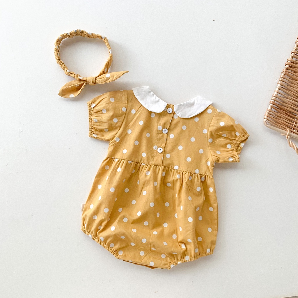 Bộ áo liền quần tay phồng họa tiết chấm bi + băng đô cho bé sơ sinh