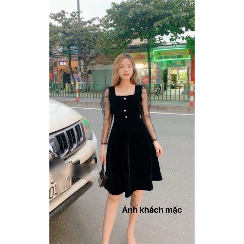 Váy Nhung Đầm nhung cổ vuông tay lưới chấm bi cao cấp cho nữ | BigBuy360 - bigbuy360.vn