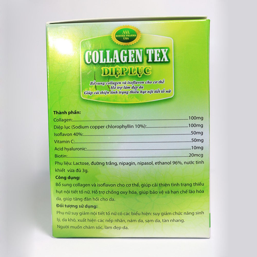 Collagen Tex Diệp Lục dạng gói hỗ trợ làm đẹp da, cải thiện nếp nhăn, căng da - Hộp 30 gói
