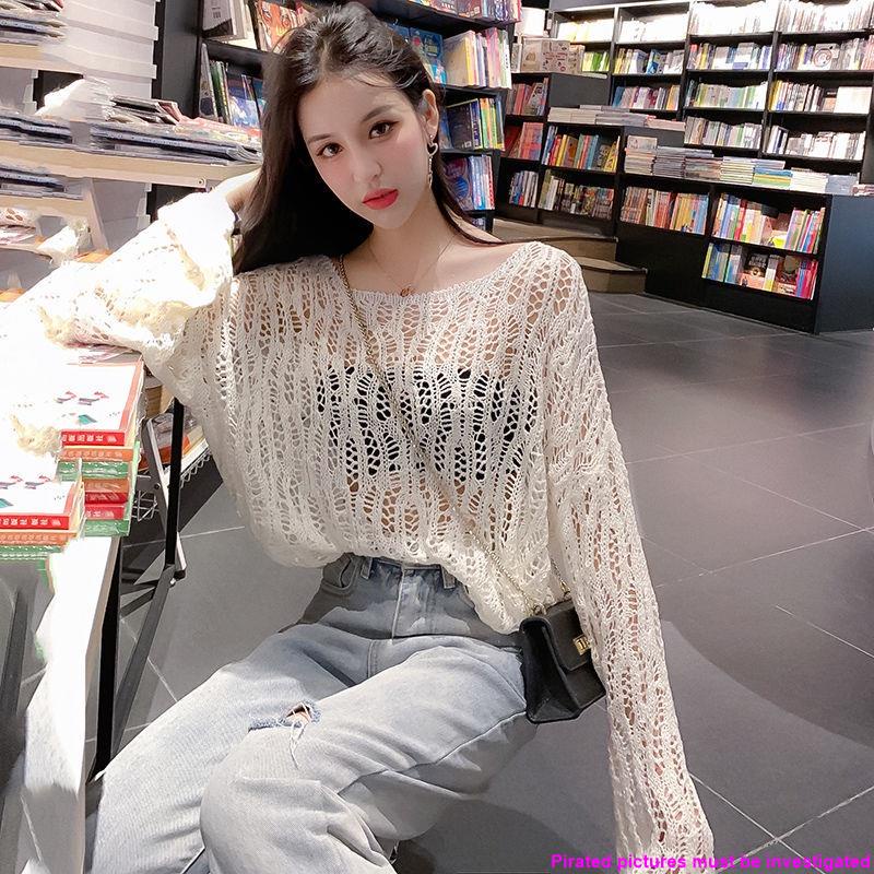 Áo Sweater Dệt Kim Mỏng Trong Suốt Khoét Ngực Tay Dài Dáng Ngắn Gợi Cảm Cho Nữ