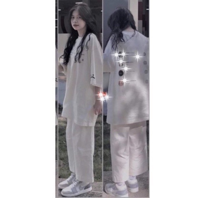 Sét áo phông 5D chữ đen trắng và quần kaki trắng