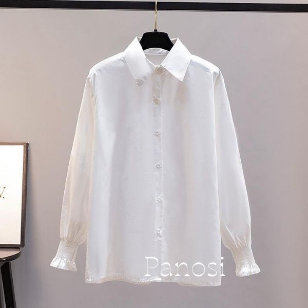 Áo sơ mi trắng nữ áo sơ mi basic nữ tay dài form rộng tay bồng bo chun kiểu dáng trẻ trung năng động - A615 TRẮNG-PANOSI