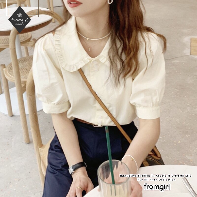 Áo Sơ Mi Ngắn Tay Cổ Chữ V Phong Cách Pháp Dễ Thương Dành Cho Nữ