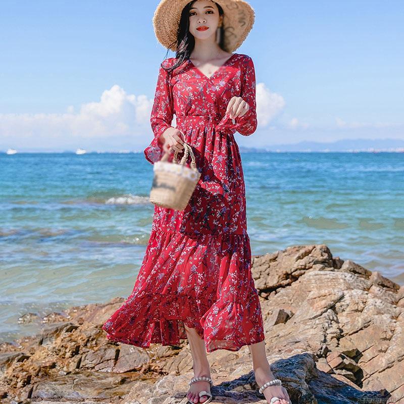 Đầm Maxi Tay Dài Cổ Chữ V Nhấn Eo Cao Họa Tiết Hoa Nữ Tính | BigBuy360 - bigbuy360.vn