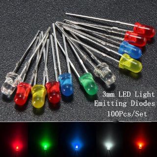 Set 100 đi ốt đèn LED 3mm đầu tròn ánh sáng trắng/ vàng/ đỏ/ xanh dương/ xanh lá diy