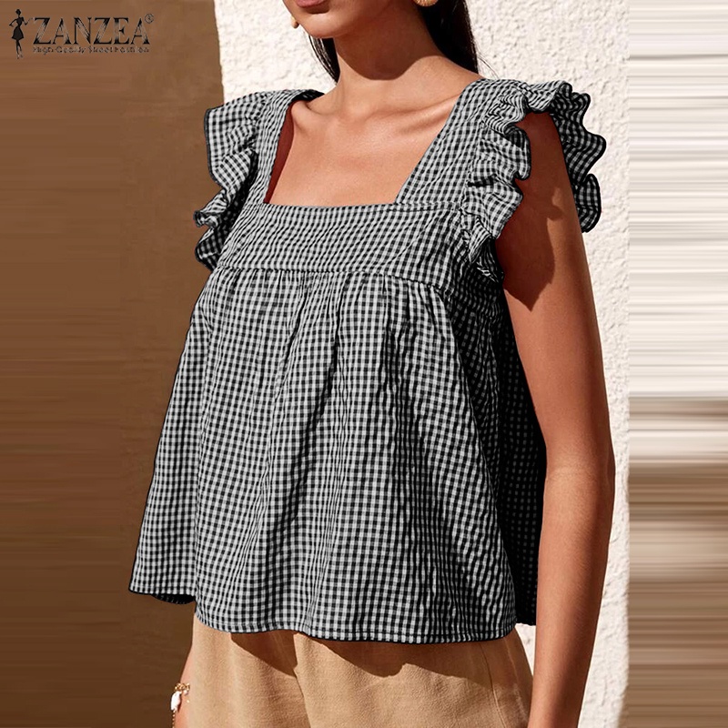 Áo kiểu babydoll Zanzea cổ vuông tay phồng họa tiết sọc caro phong cách Châu Âu thời trang cho nữ