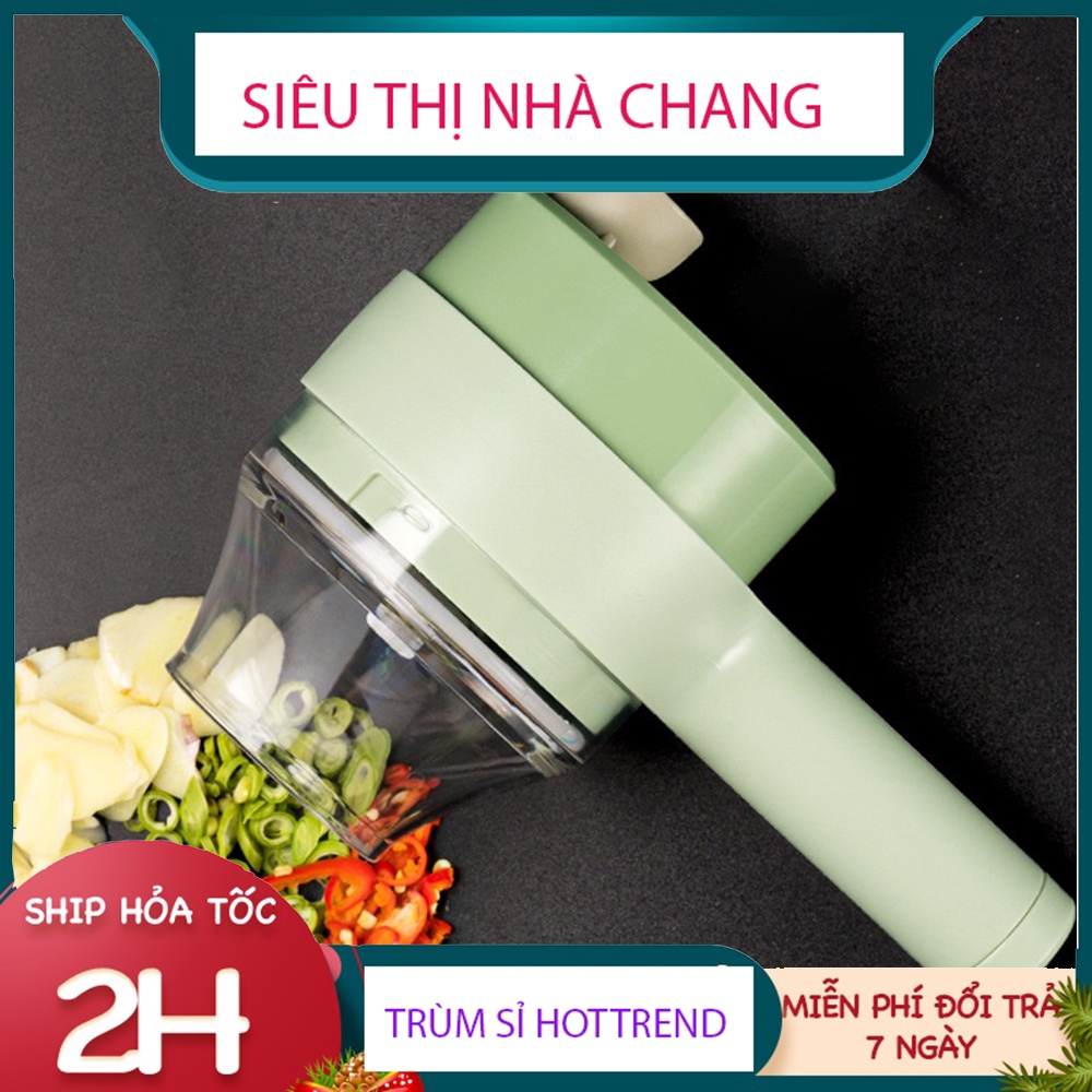 Máy xay hành tỏi ớt đa năng gồm 2 cối dùng xay và cắt, có đầu cọ để vệ sinh, cái phần tay cầm để ép cối xay là dao nạo