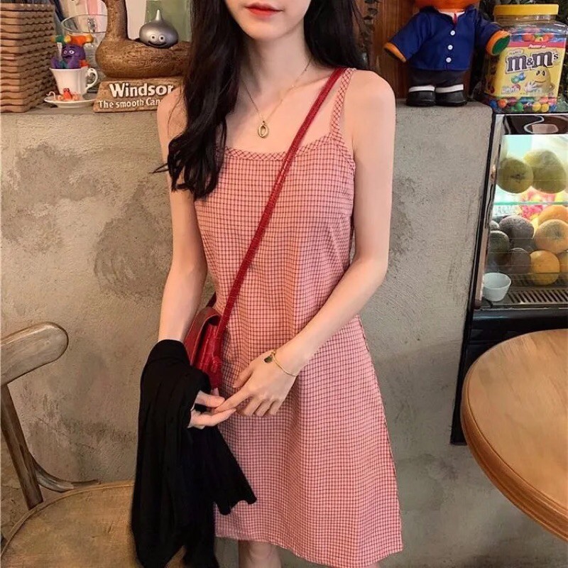 Váy hai dây kẻ sọc mùa hè phong cách học sinh tươi mới
