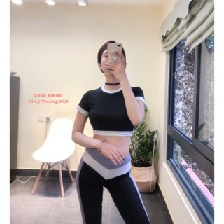 Đồ tập gym , bộ đồ tập thể thao nữ ngắn tay đen trắng