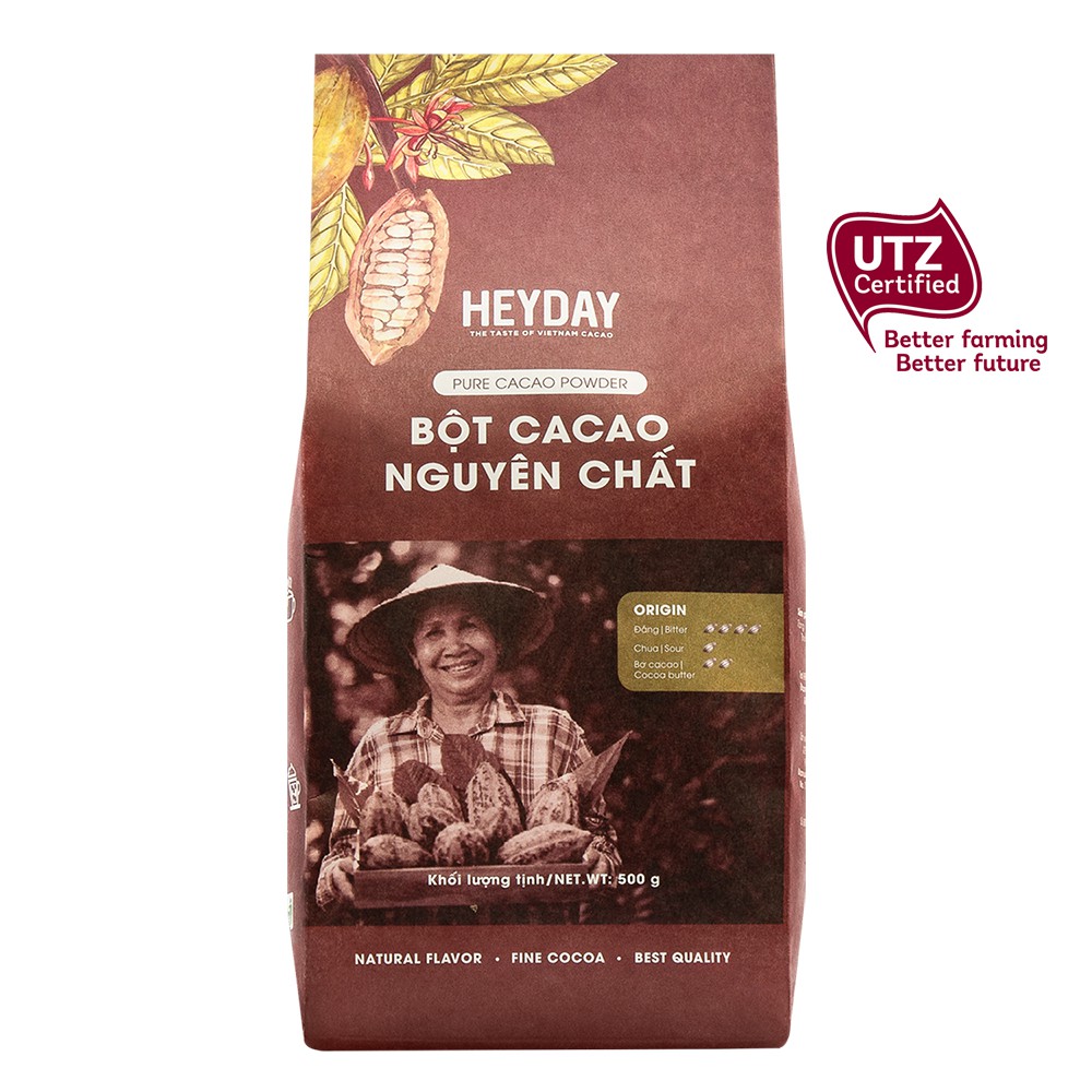 Bột cacao nguyên chất 100% Heyday - Dòng Origin thượng hạng - Túi giấy 500g - Chuẩn UTZ Quốc Tế