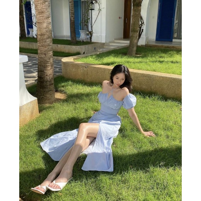 MAXI XANH RỚT VAI DÂY CỔ YẾM CUTOUT LƯNG BOCHUN