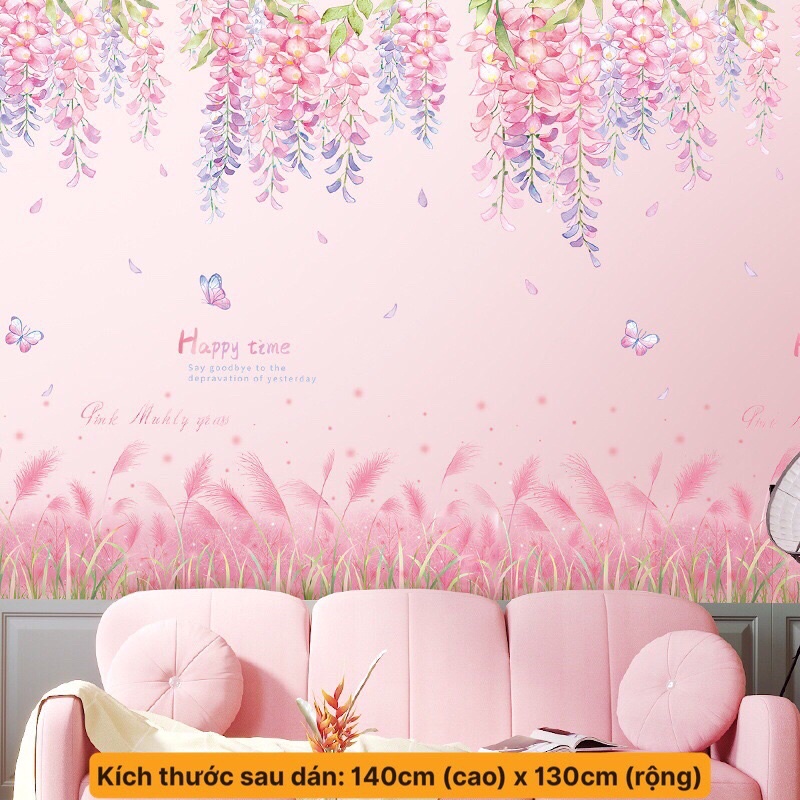 Decal dán tường, Tranh dán tường tán hoa và chân cỏ hồng.