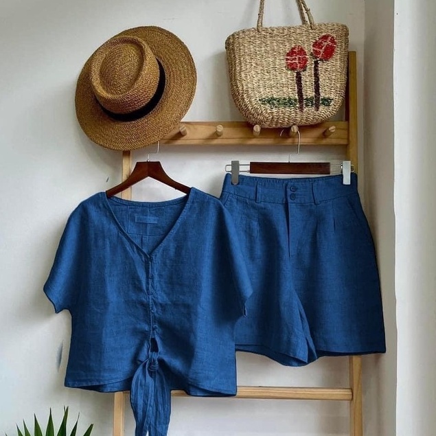Sét đồ nữ mùa hè vải linen Hàn Bộ mặc nhà nữ áo dây cộc tay quần short style Hàn Quốc,Đi chơi,dạo phố,dự tiệc... S636
