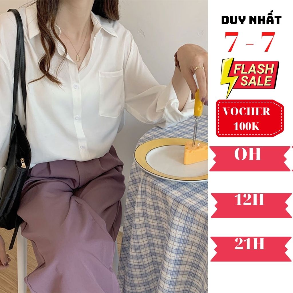 Aó sơ mi nữ form rộng dài tay chất lụa hàn cao cấp 4 màu đen trắng xanh hồng phong cách ulzzang vintage hàn quốc