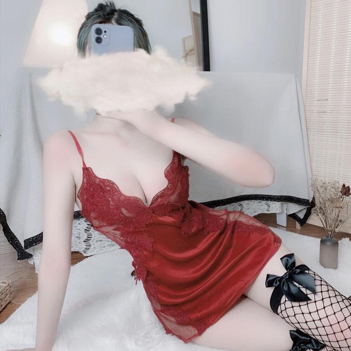 Váy ngủ lụa sexy hai dây phối ren hông gợi cảm Màu Trắng và hồng  kèm hình thật khách mặc (sẵn )