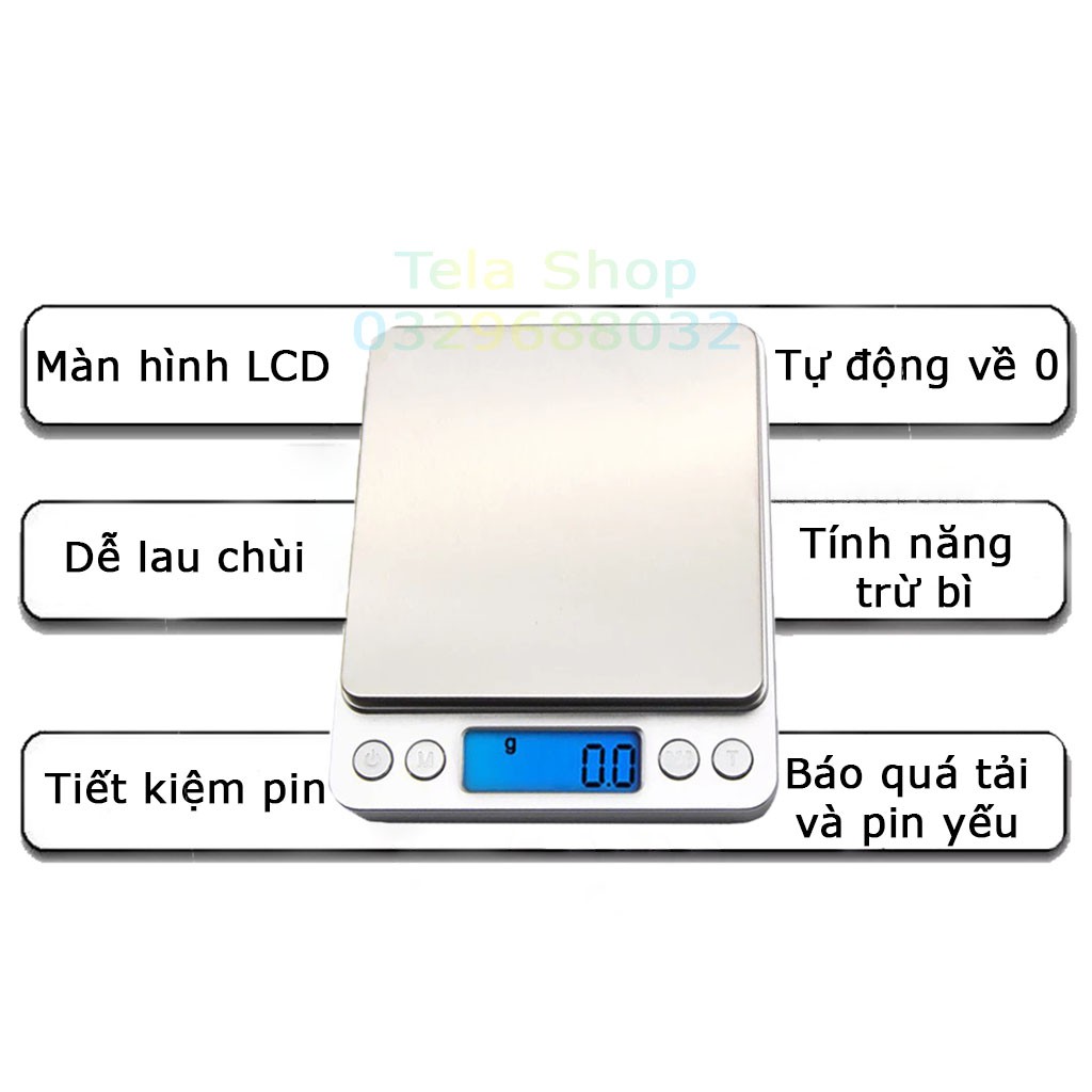 [BH 1 Đổi 1] Cân Tiểu Li Điện Tử i2000 2kg 0.1g và 500g 0.01g Tặng Kèm Khay Tela Shop