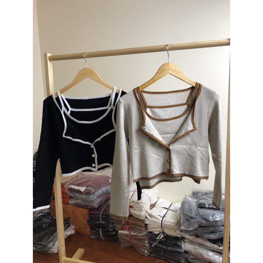 set len gồm áo khoác len mòng kèm áo 2 dây 2 màu đen/xám thương hiệu T-Linh | BigBuy360 - bigbuy360.vn