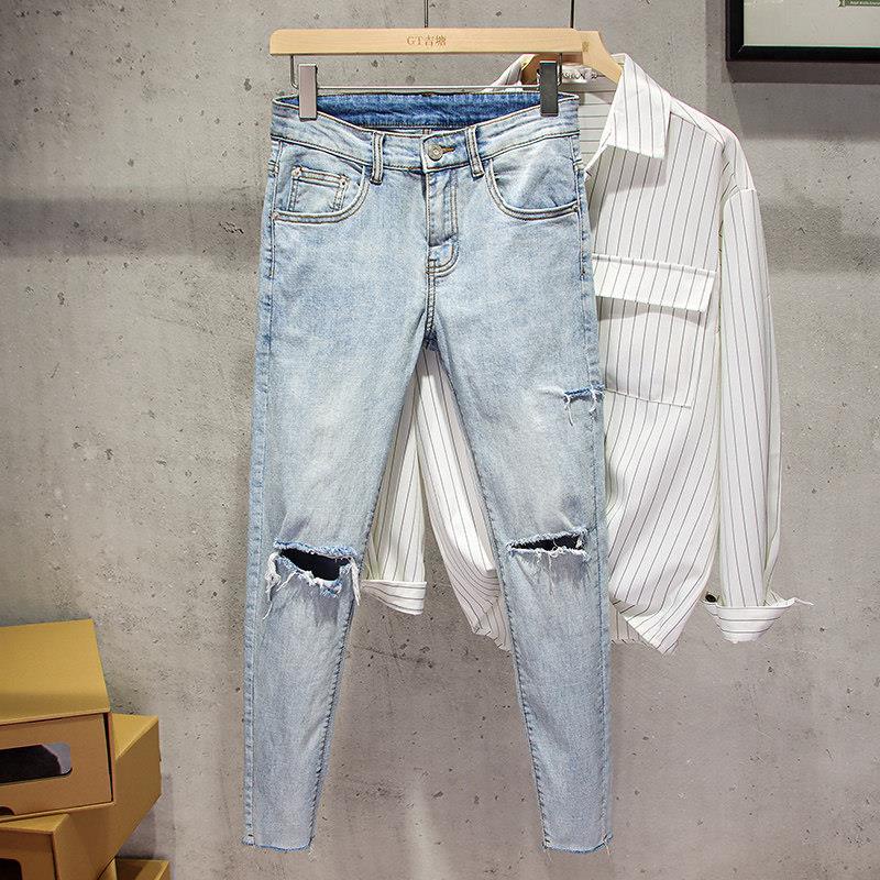 Quần Jean Rách Quần Nam Dày Mép Thứ Chín【XJ0040-Biru muda】