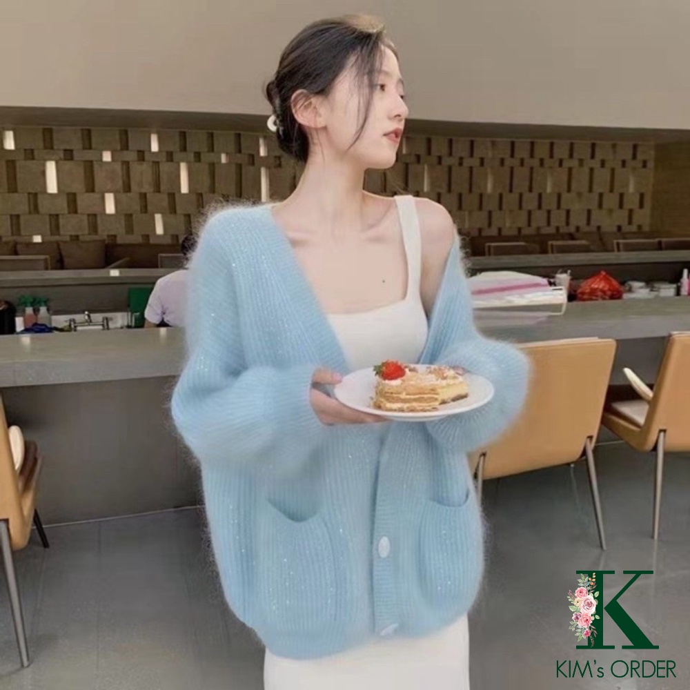 Áo len cadigan nữ màu be xanh kim tuyến dài tay dáng rộng style tiểu thư Hàn Quốc nữ tính, thanh lịch, có bigsize | WebRaoVat - webraovat.net.vn