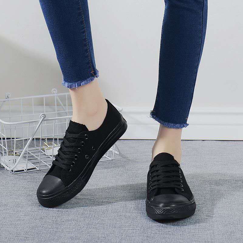 Giày Thể Thao Canvas Màu Đen Đế Bằng Phong Cách Hàn Quốc Cho Cặp Đôi
