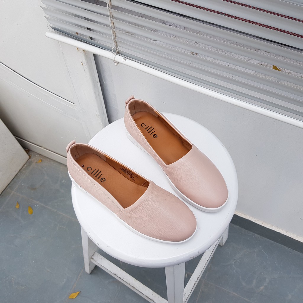 Giày slip on nữ thời trang kiểu dáng basic đế bằng da thật êm mềm ôm chân Cillie 1016