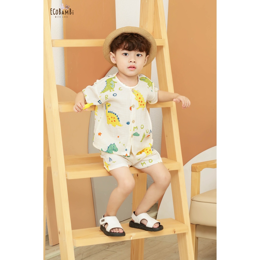 Bộ cotton Muslin Unisex tay ngắn, QUẦN SHORTS phong cách Hàn Quốc in Gấu phối quần kẻ sọc caro cho bé ECOBAMBI