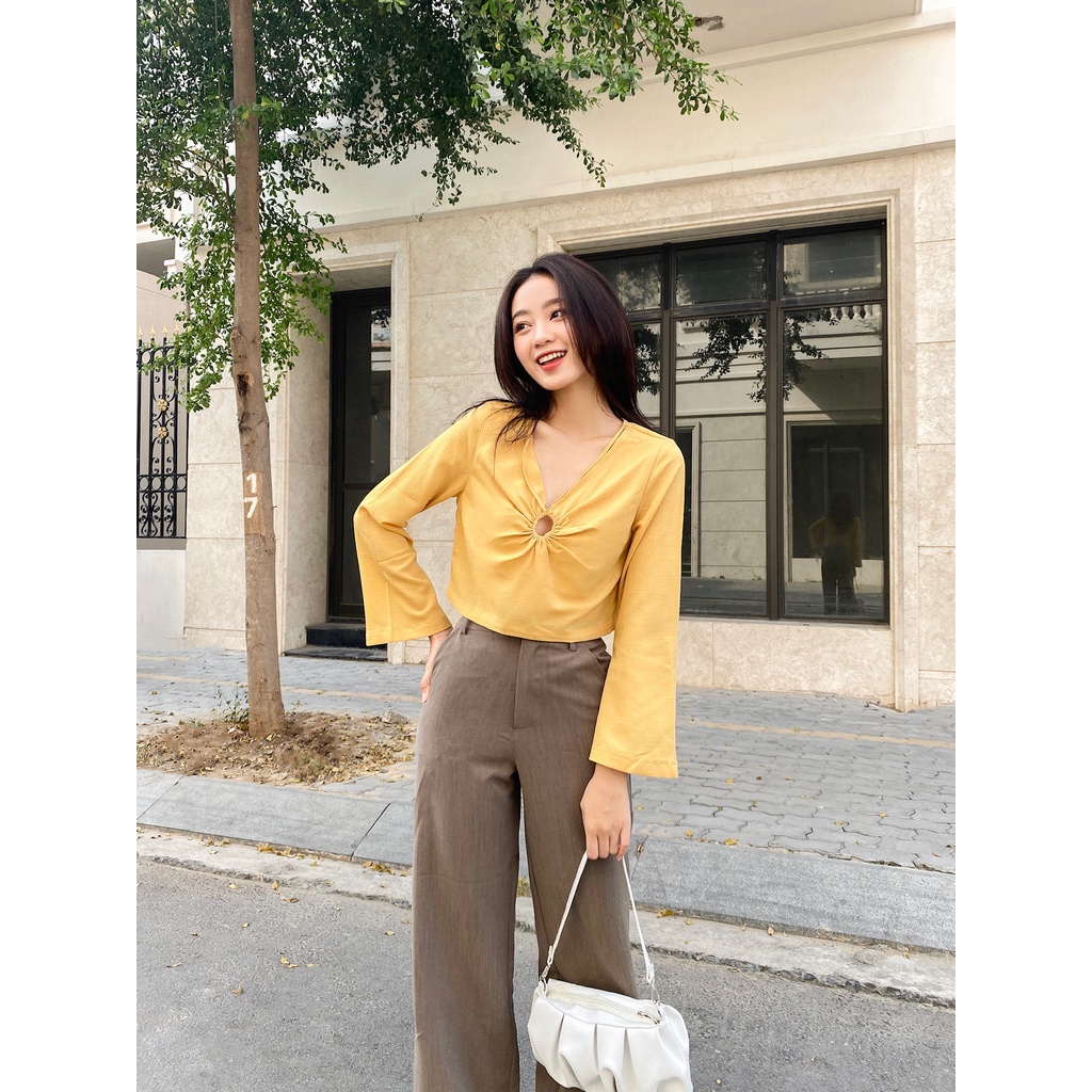 Áo croptop khoen tròn vải xốp không nhăn cut out tay loe MIEU - HD18