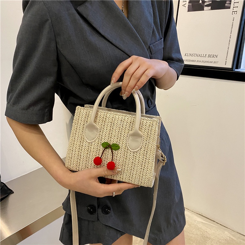 Túi Xách JASMIN NOIR Nữ Đan Rơm Đính Quả Cherry Dễ Thương